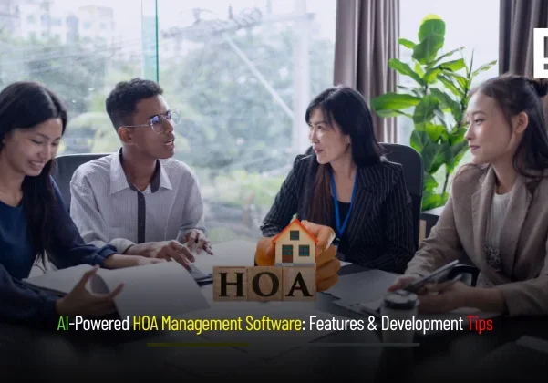 Hero banner for Depex Technologies blog: AI-Powered HOA Management Software — Features & Development Tips; abstract dashboard UI and automation icons highlighting payments, maintenance, and resident support.