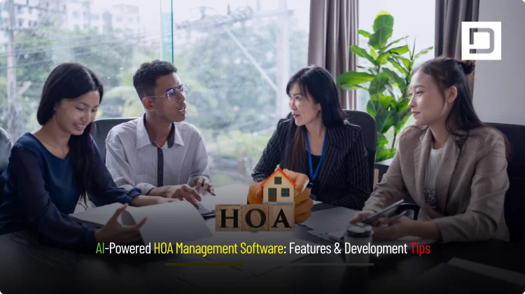 Hero banner for Depex Technologies blog: AI-Powered HOA Management Software — Features & Development Tips; abstract dashboard UI and automation icons highlighting payments, maintenance, and resident support.