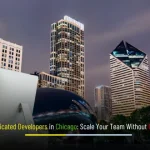 Hire Dedicated Developers in Chicago Depex Technologies banner featuring Chicago skyline with a diverse engineering team, agile boards, and ‘Scale Your Team Without Overhead’ headline.