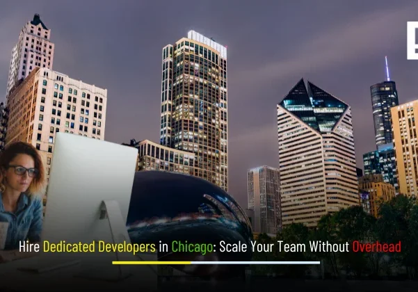 Hire Dedicated Developers in Chicago Depex Technologies banner featuring Chicago skyline with a diverse engineering team, agile boards, and ‘Scale Your Team Without Overhead’ headline.