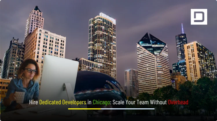 Hire Dedicated Developers in Chicago Depex Technologies banner featuring Chicago skyline with a diverse engineering team, agile boards, and ‘Scale Your Team Without Overhead’ headline.