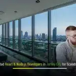 Hire Dedicated React & Node.js Developers in Jersey City—Depex Technologies banner with Jersey City skyline, React and Node.js icons, and code UI