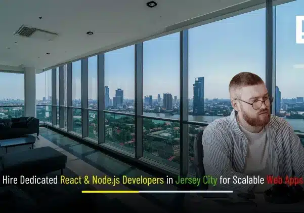 Hire Dedicated React & Node.js Developers in Jersey City—Depex Technologies banner with Jersey City skyline, React and Node.js icons, and code UI