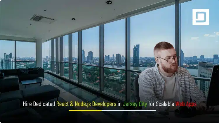 Hire Dedicated React & Node.js Developers in Jersey City—Depex Technologies banner with Jersey City skyline, React and Node.js icons, and code UI