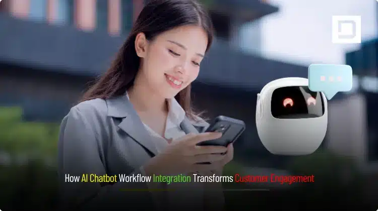 AI chatbot workflow integration visual showing a chat interface connected to CRM, ticketing, and analytics—Depex Technologies