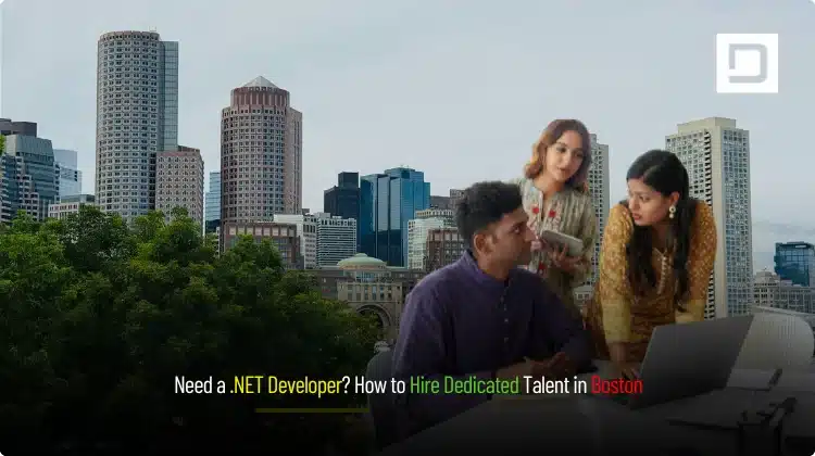Boston skyline with tech-themed .NET icons and “Hire Dedicated .NET Developer” headline, representing Depex Technologies’ Boston-focused hiring services.