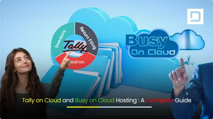 Banner with cloud servers and accountants collaborating on laptops, featuring Tally and Busy icons and the headline “Tally on Cloud and Busy on Cloud Hosting: A Complete Guide