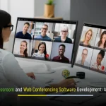 Virtual classroom banner showing instructor on a live video call with students, interface elements for chat, polls, and screen share, representing Web Conferencing software development by Depex Technologies.