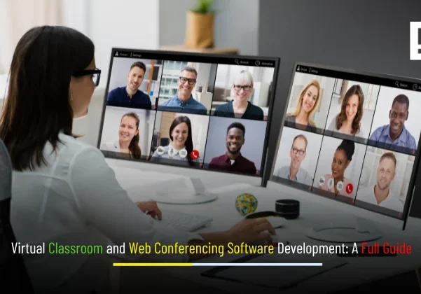 Virtual classroom banner showing instructor on a live video call with students, interface elements for chat, polls, and screen share, representing Web Conferencing software development by Depex Technologies.