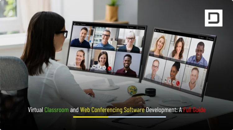 Virtual classroom banner showing instructor on a live video call with students, interface elements for chat, polls, and screen share, representing Web Conferencing software development by Depex Technologies.