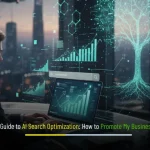 A professional using an AI search platform with data insights and business growth visuals, representing AI search optimization on ChatGPT.