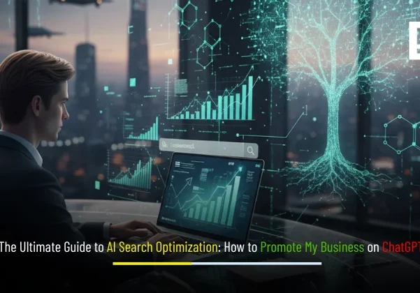 A professional using an AI search platform with data insights and business growth visuals, representing AI search optimization on ChatGPT.