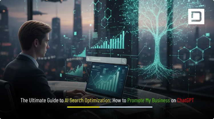 A professional using an AI search platform with data insights and business growth visuals, representing AI search optimization on ChatGPT.