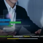 AI virtual assistant software development banner showing intelligent automation, chat interface, and digital assistant technology