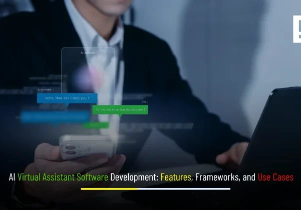 AI virtual assistant software development banner showing intelligent automation, chat interface, and digital assistant technology