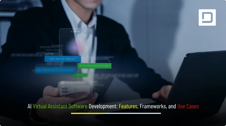 AI virtual assistant software development banner showing intelligent automation, chat interface, and digital assistant technology