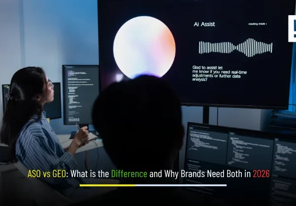 ASO vs GEO comparison banner for Depex Technologies showing why brands need both in 2026