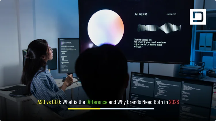 ASO vs GEO comparison banner for Depex Technologies showing why brands need both in 2026