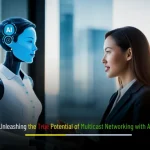 Illustration of multicast networking with AI showing intelligent data distribution, connected devices, and smart network automation