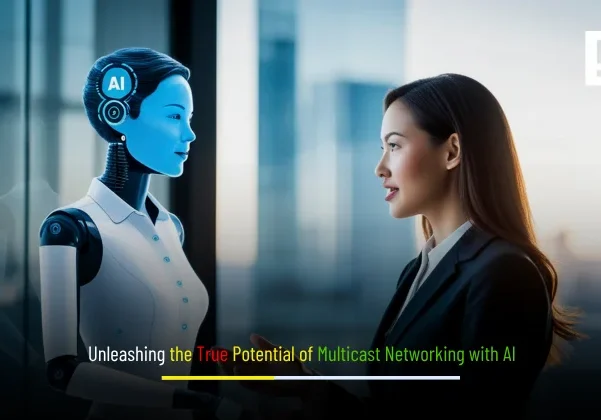 Illustration of multicast networking with AI showing intelligent data distribution, connected devices, and smart network automation