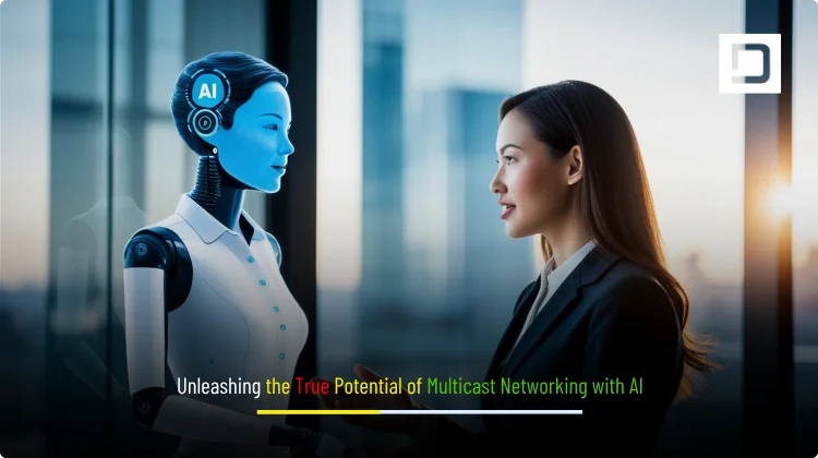 Illustration of multicast networking with AI showing intelligent data distribution, connected devices, and smart network automation